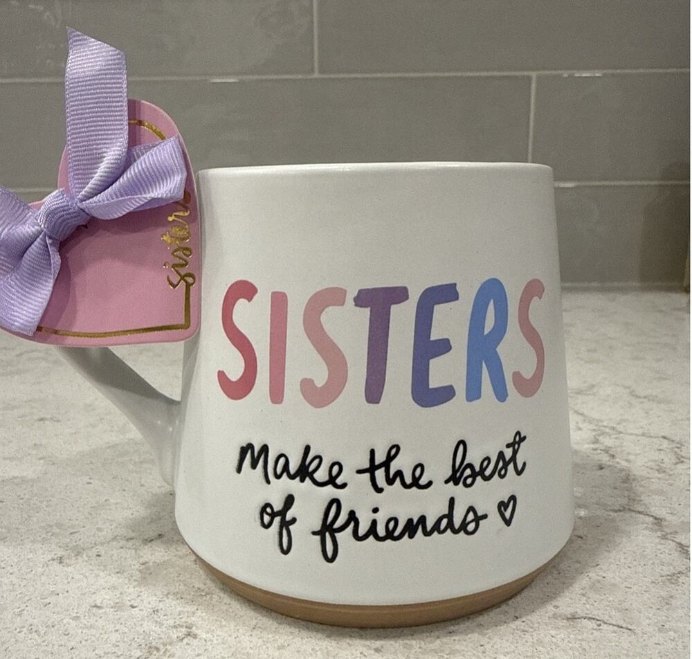 SISTERS MAKE THE BEST FRIENDS 16oz Ceramic Mug Purple Inside Heart Gift Tag NEW